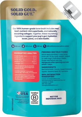 Show full view: Variety Pack - Solid Gold Turkey Bone Broth with Pumpkin & Ginger Dog Food Topper, Chicken with Lavender & Chamomile & Beef with Turmeric Flavors slide 9 of 10