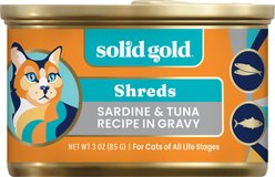 Solid Gold Five Oceans Sardines & Tuna Grain-Free Shreds in Gravy Wet Cat Food, 3-oz, case of 12