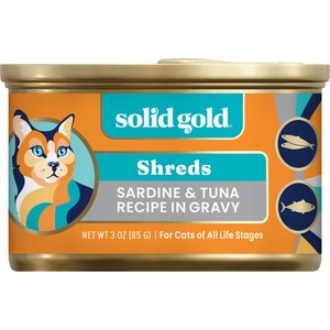 Solid Gold Five Oceans Sardines & Tuna Grain-Free Shreds in Gravy Wet Cat Food, 3-oz, case of 12