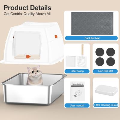 Show full view: Lobeve Stainless Steel Cat Litter Box with Lid, Litter Scoop & Litter Mat, X-Large, White slide 5 of 10