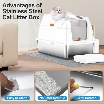 Show full view: Lobeve Stainless Steel Cat Litter Box with Lid, Litter Scoop & Litter Mat, X-Large, White slide 2 of 10