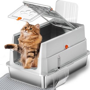 Lobeve Stainless Steel Enclosed Flip-Top Lid Cat Litter Box, Light Grey