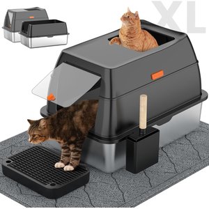 Lobeve Stainless Steel Cat Litter Box with Lid, Litter Scoop & Litter Mat, X-Large, Black