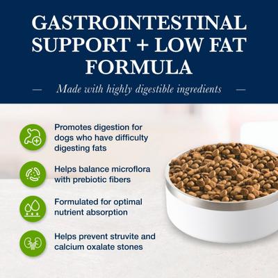 Show full view: Blue Buffalo Natural Veterinary Diet GI Gastrointestinal Support Low Fat Dry Dog Food, 6-lb bag slide 4 of 12
