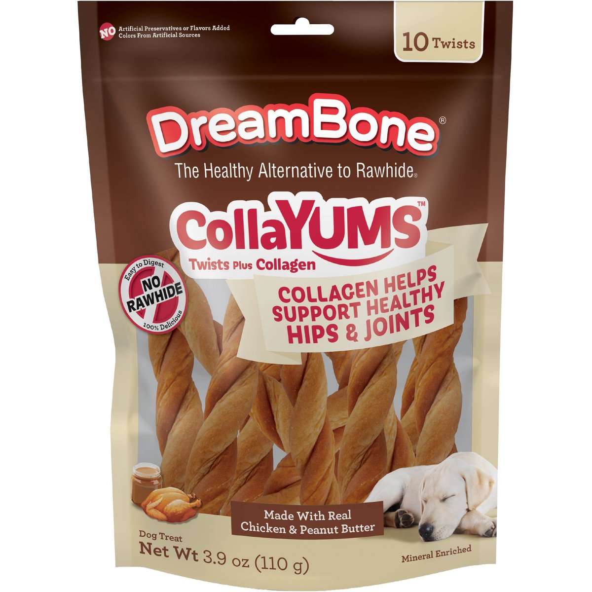 DreamBone CollaYUMS Twists Plus Collagen Chicken & Peanut Butter Flavor Rawhide Free Dog Chews, 10 count