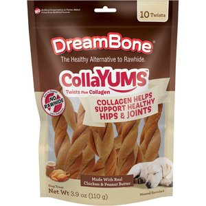 DreamBone CollaYUMS Twists Plus Collagen Chicken & Peanut Butter Flavor Rawhide Free Dog Chews, 10 count