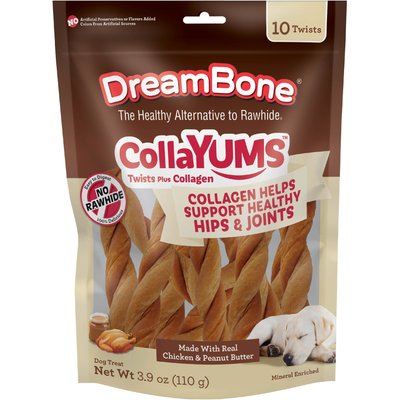 DreamBone DreamBone CollaYUMS Twists Plus Collagen Chicken & Peanut Butter Flavor Rawhide Free Dog Chews, 10 count