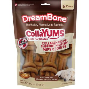 DreamBone CollaYUMS Knots Plus Collagen Chicken & Peanut Butter Flavor Rawhide Free Dog Chews, 8 count