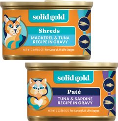 Solid Gold Real Tuna & Sardine + Mackerel & Tuna Grain-Free Shreds in Gravy Wet Cat Food, 3-oz cans, case of 6