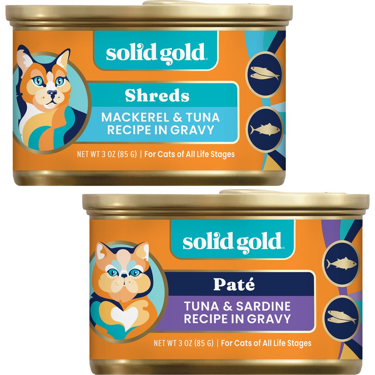 Solid Gold Real Tuna & Sardine + Mackerel & Tuna Grain-Free Shreds in Gravy Wet Cat Food, 3-oz cans, case of 6