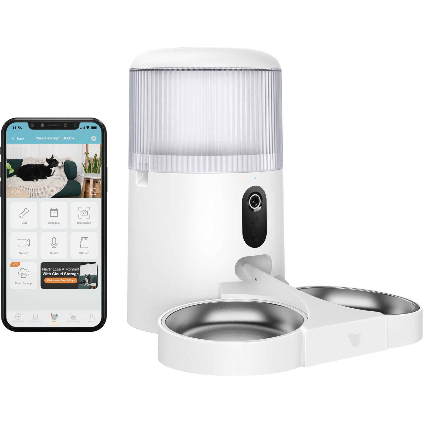 INSTACHEW Purechew Sight Double Smart Automatic Wi-Fi Enabled Pet Feeder with HD Camera, White