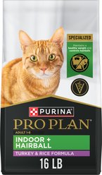 Purina Pro Plan Adult Indoor Hairball Management Turkey & Rice Formula Dry Cat Food, 16-lb bag