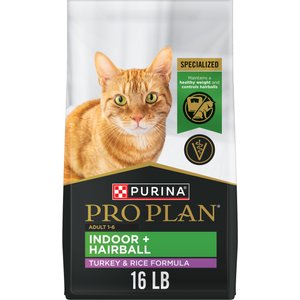Purina Pro Plan Adult Indoor Hairball Management Turkey & Rice Formula Dry Cat Food, 16-lb bag