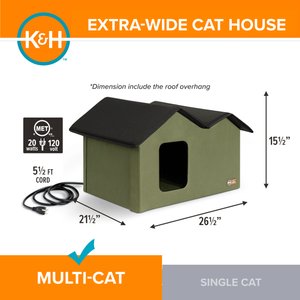 K&H Pet Products Outdoor Heated Kitty House Extra-Wide Cat Shelter, Olive/Black