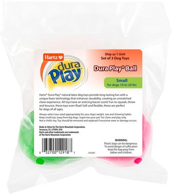 Show full view: Hartz Dura Play Ball Squeaky Latex Dog Toy, Color Varies, 3 count, Small slide 9 of 12