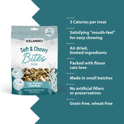 Show full view: Icelandic+ Trout & Raspberry Bites Soft & Chewy Cat Treats, 1.8-oz bag slide 5 of 8