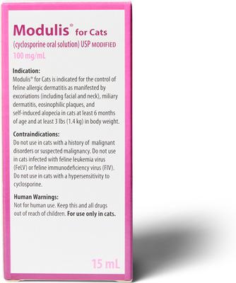 Show full view: Modulis for Cats (cyclosporine oral solution) USP MODIFIED, 100mg/mL, 15mL slide 4 of 5