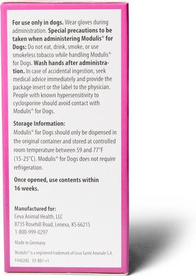 Show full view: Modulis for Dogs (cyclosporine oral solution) USP MODIFIED 100mg/mL 15mL slide 6 of 6