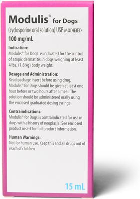 Show full view: Modulis for Dogs (cyclosporine oral solution) USP MODIFIED 100mg/mL 15mL slide 5 of 6