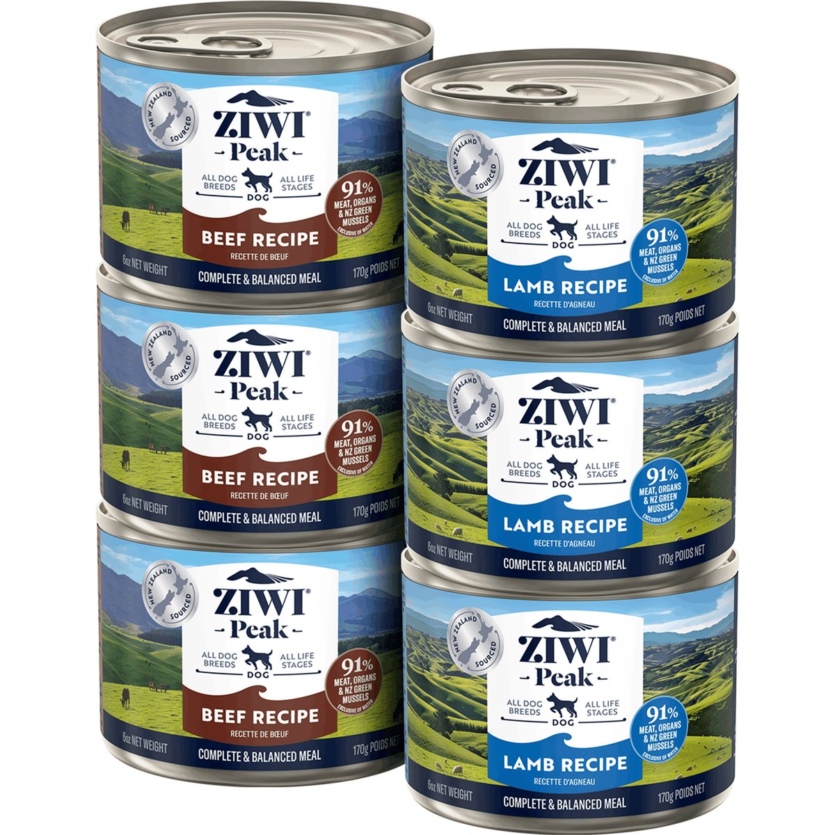 ZIWI Peak Variety Pack Adult Grain-Free Beef, Lamb Pate Canned Dog Food, 6-oz can, case of 6