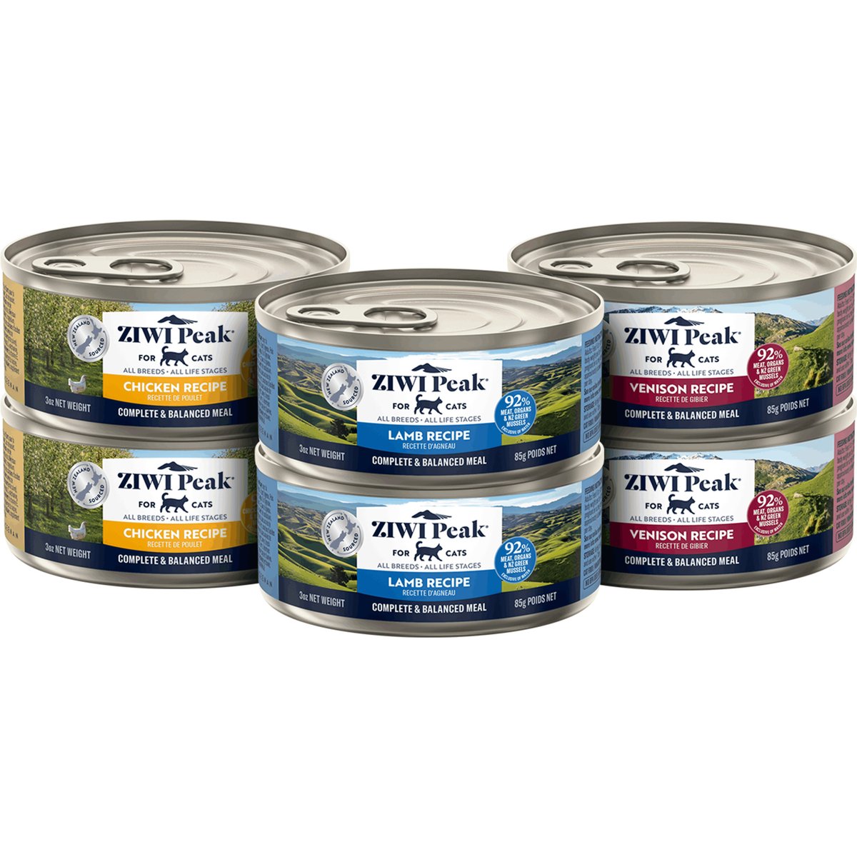 ZIWI Peak Venison, Chicken, Lamb Variety Pack Grain-Free Pate Canned Cat Food, 3-oz can, case of 6