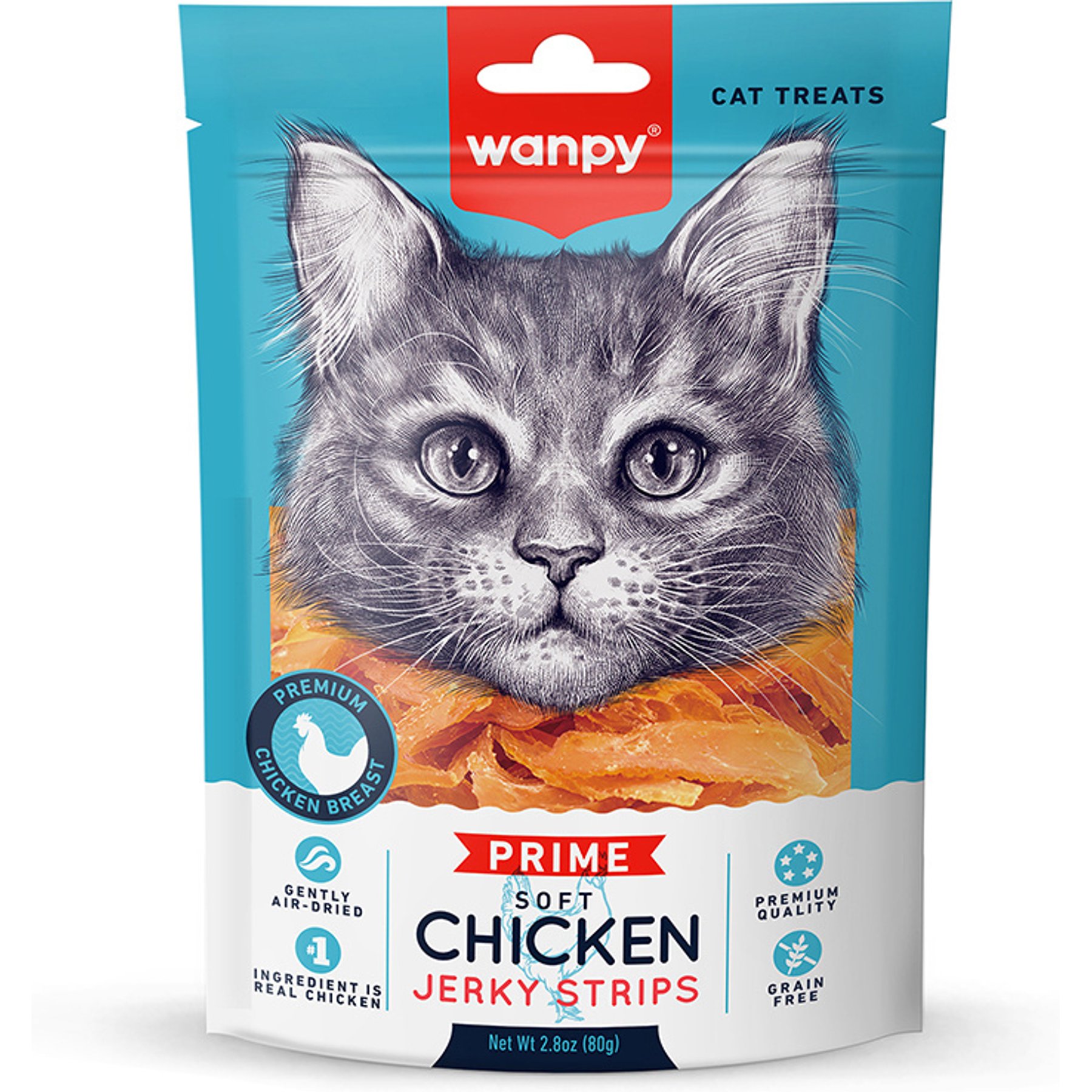 Wanpy All Natural Air-Dried Soft Chicken Jerky Strips High Protein Cat Treats, 2.82-oz bag