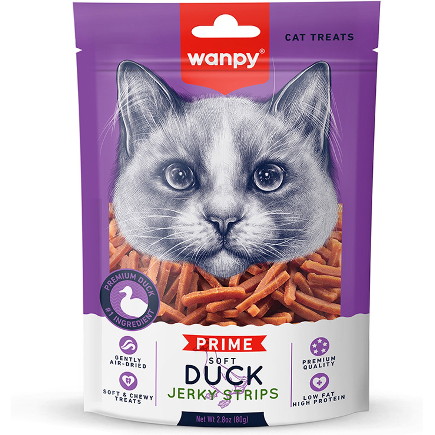 Wanpy All Natural Air-Dried Soft Duck Jerky Strips High Protein Cat Treats, 2.82-oz bag