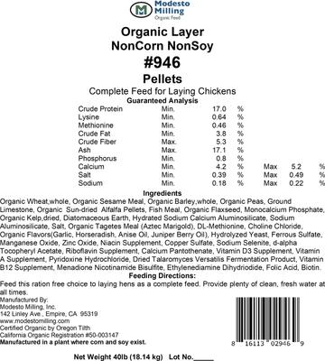 Show full view: Modesto Milling Organic 17% Protein NonCorn NonSoy Layer Pellets Chicken Feed, 40-lb bag slide 4 of 6