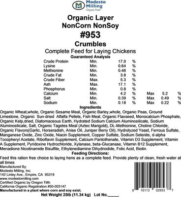 Show full view: Modesto Milling Organic 17% Protein NonCorn NonSoy Layer Crumbles Chicken Feed, 25-lb bag slide 2 of 6