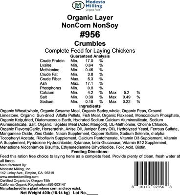 Show full view: Modesto Milling Organic 17% Protein NonCorn NonSoy Layer Crumbles Chicken Feed, 40-lb bag slide 4 of 6