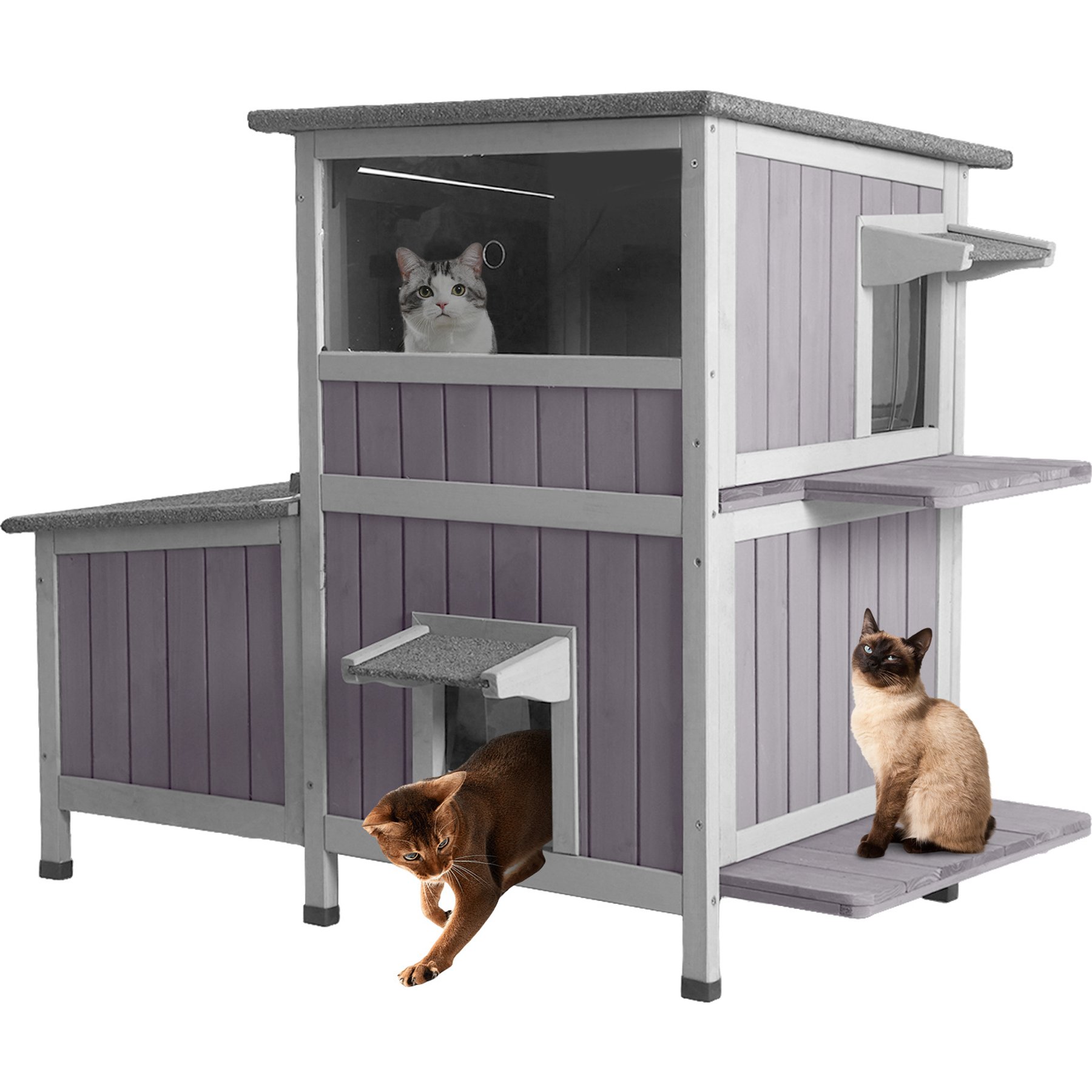 Aivituvin AIR7033 2-Story Wooden Cat House with Asphalt Roof, Gray