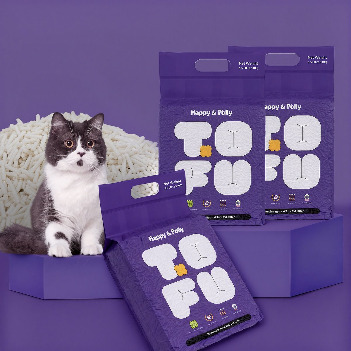 Happy & Polly Natural Tofu Clumping Cat Litter, 5.5-lb bag, 3 count