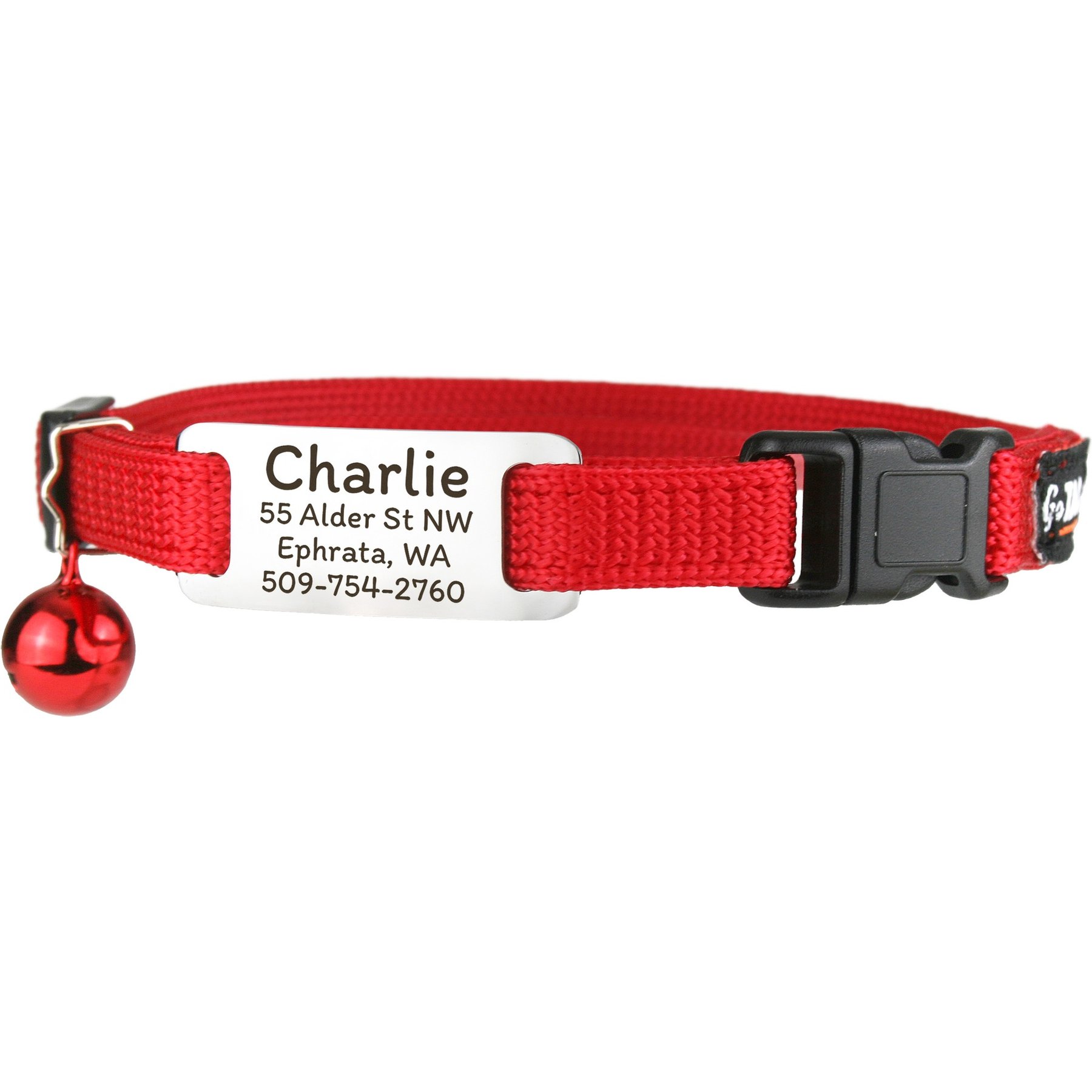 GoTags Personalized Breakaway Cat Collar with Engraved Tag & Bell, Red/Silver, 8 to 12-in neck, 3/8-in wide
