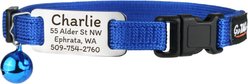 GoTags Personalized Breakaway Cat Collar with Engraved Tag & Bell, Blue/Silver, 8 to 12-in neck, 3/8-in wide