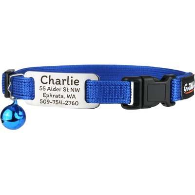 GoTags GoTags Personalized Breakaway Cat Collar with Engraved Tag & Bell, Blue/Silver, 8 to 12-in neck, 3/8-in wide