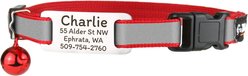 GoTags Personalized Breakaway Reflective Cat Collar with Engraved Tag & Bell, Red/Silver, 8 to 12-in neck, 3/8-in wide