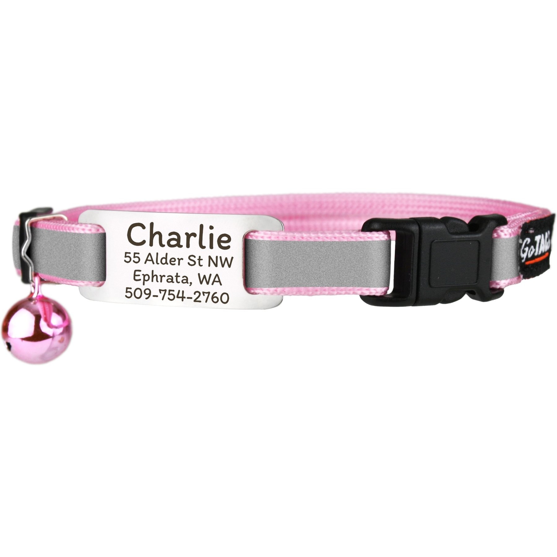 GoTags Personalized Breakaway Reflective Cat Collar with Engraved Tag & Bell, Pink/Silver, 8 to 12-in neck, 3/8-in wide