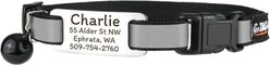 GoTags Personalized Breakaway Reflective Cat Collar with Engraved Tag & Bell, Black/Silver, 8 to 12-in neck, 3/8-in wide