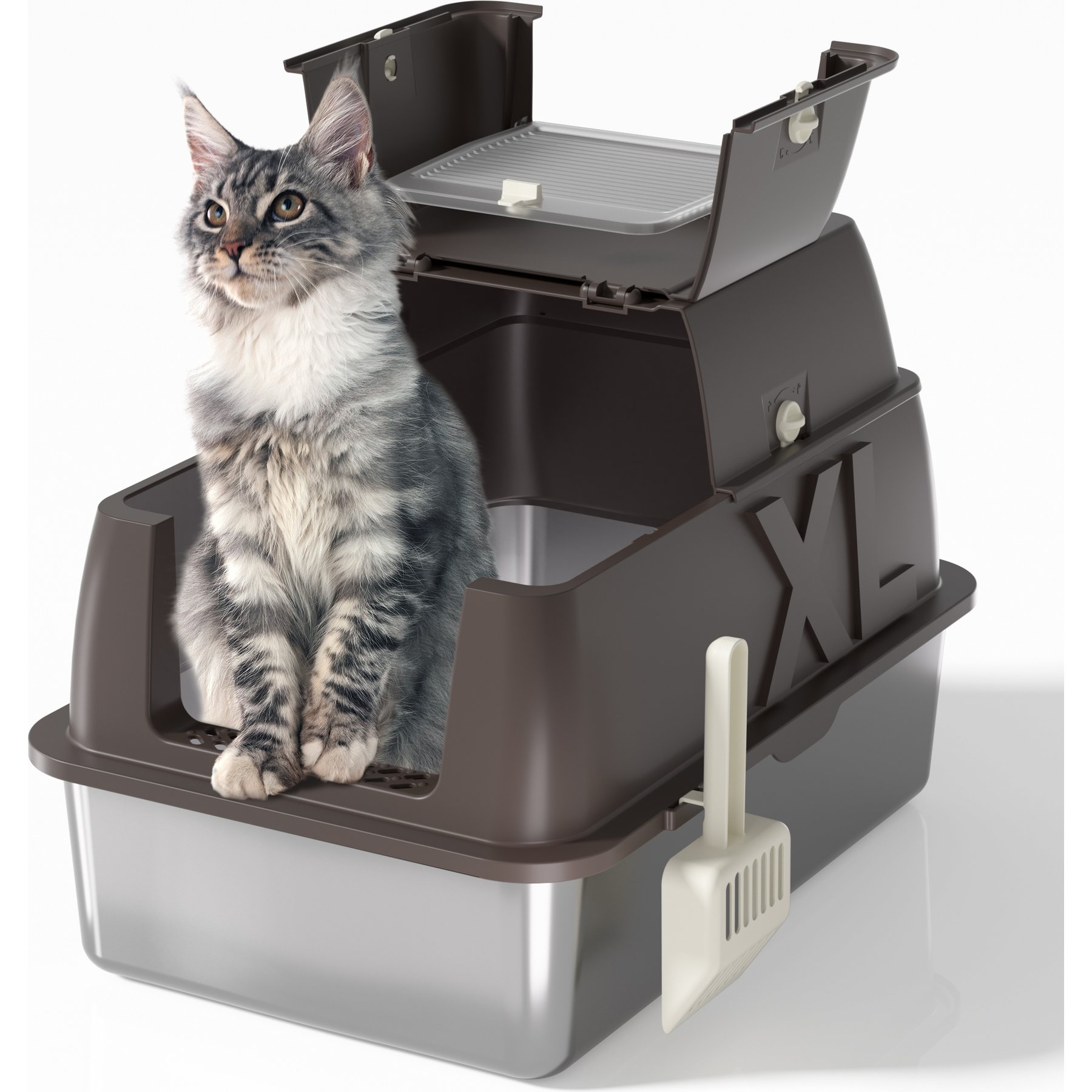 DVPETS Covered Stainless Steel 180° Flip-Top Odor-Free & Anti-Leak Multi-Cat Litter Box with Lid, Extra Large 24-in, Coffee