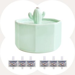 Happy & Polly Cactus Style Ceramic Cat Water Fountain with 6 Filters, Green, 50-oz