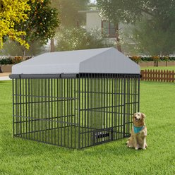 jansno Outdoor Metal Dog Pen Enclosure with Roof Cover, Black & Gray