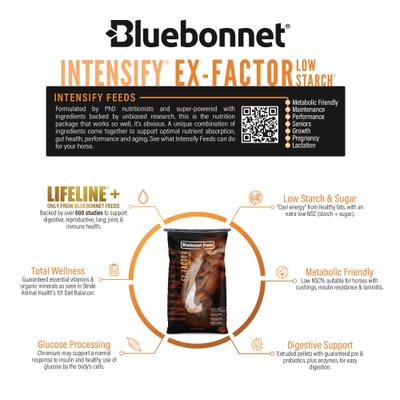 Show full view: Bluebonnet Feeds Intensify Ex-Factor Low Sugar, Low Starch Horse Feed, 40-lb bag slide 4 of 7