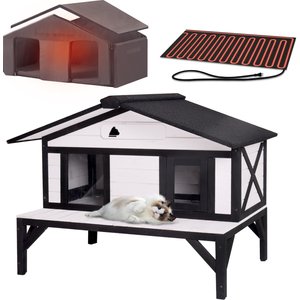 Aivituvin-AIR92-M-IN-HP Wooden Outdoor Heated Cat House with Insulation & Heating Pad, Medium, Black & White