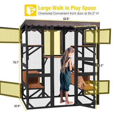 Show full view: Aivituvin-AIR37-M -B Walk-in Wood Outdoor Cat Enclosure with Roof Tarp, Brown, Medium: 62.6-in slide 5 of 5