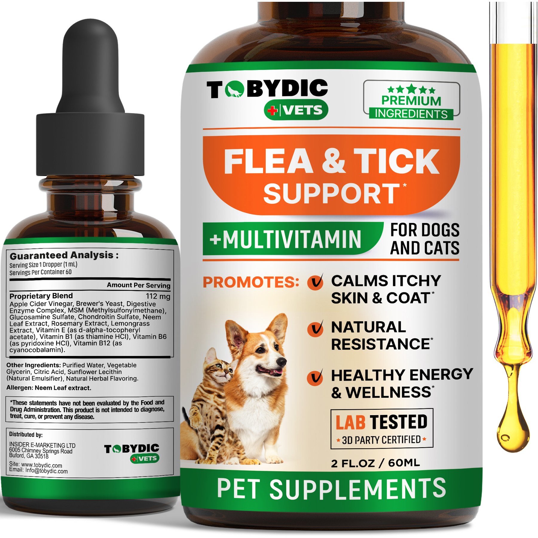 TOBYDIC Oral Flea & Tick Prevention Support Multivitamin Liquid Supplement for Dogs & Cats, 60-ml bottle