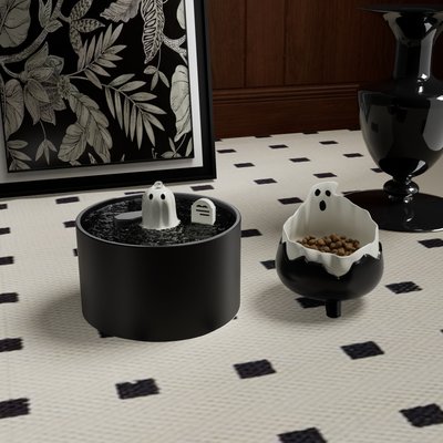 Happy & Polly Happy & Polly Ghost Cat Drinking Fountain & Elevated Cat Bowl Set, 50-oz, Matte Black