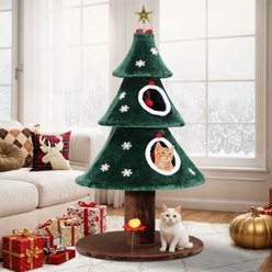Wooflex 2-Tier Festive Cute Christmas 52-in Fleece Cat Tree Tower & Condo with Teaser Toy, Green