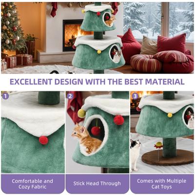 Show full view: Wooflex 2-Tier Christmas Play Activity Center 63-in Fleece Cat Tree Tower with Festive Teaser Toy, Green slide 3 of 10