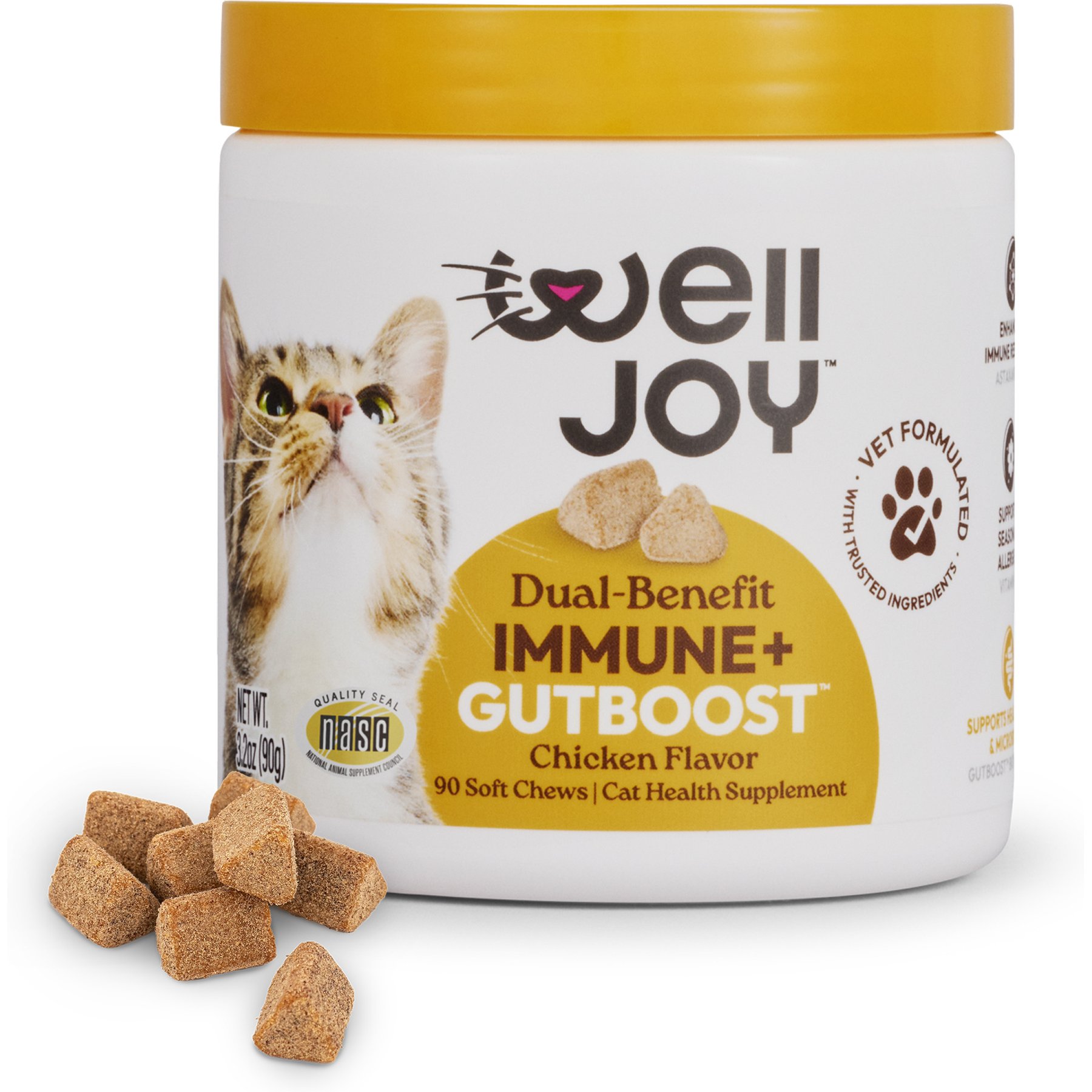 WellJoy Immune + GutBoost Chicken Flavored Soft Chew with Lysine Supplements for Cats, 3.2-oz jar, 90 count
