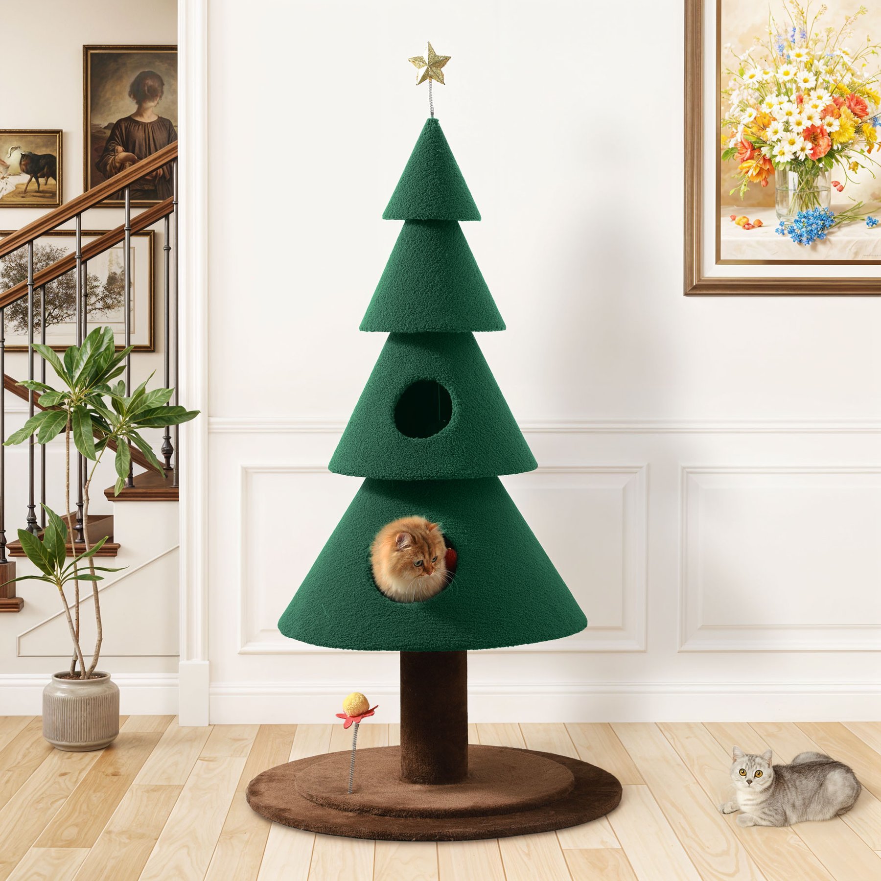 Wooflex House Party Decoration Christmas 60-in Fleece Cat Tree Tower & 2 Condos, Green, Large